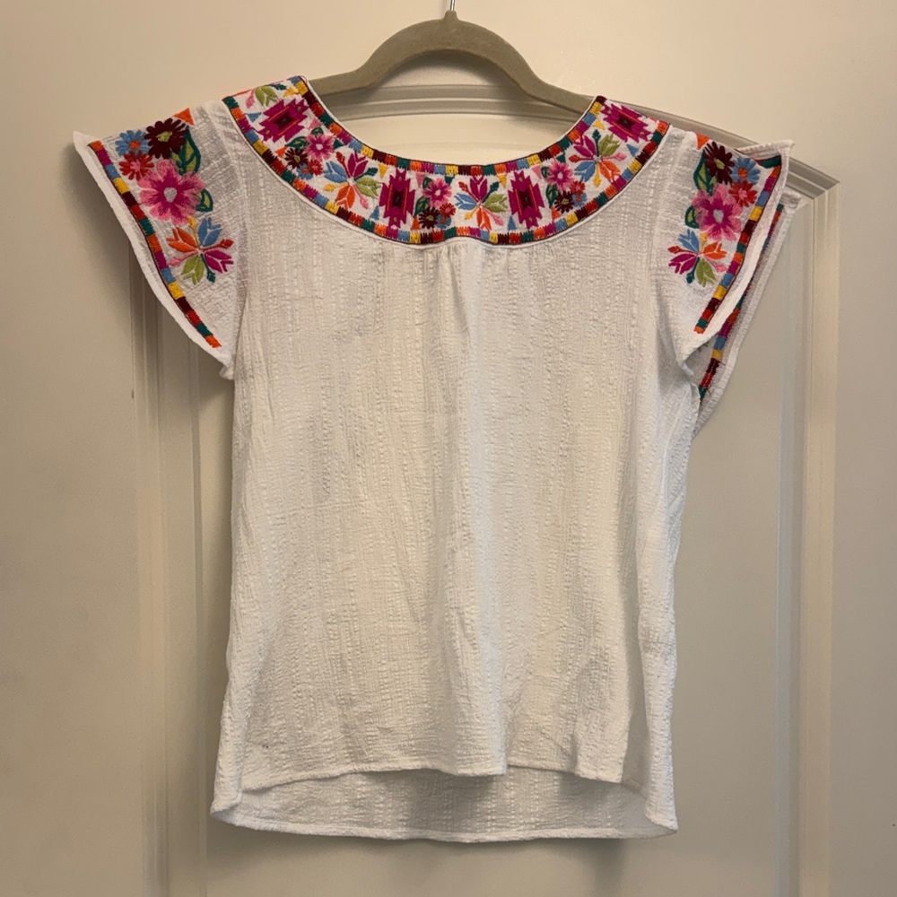 THML White Embroidered Scoop-Neck Top with Multicolor Floral Trim